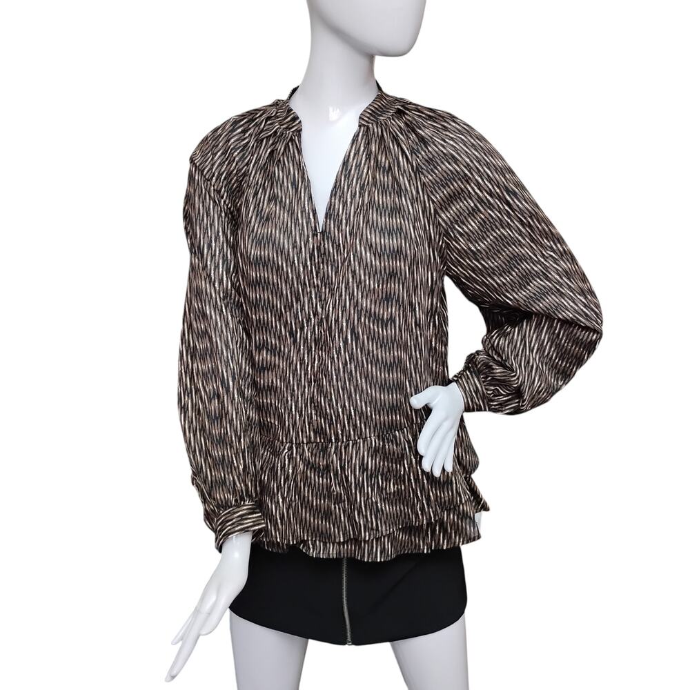 Banana Republic Tiered Blouse Brown & Black XS Long Puffy Sleeve Missing Belt - Picture 3 of 12